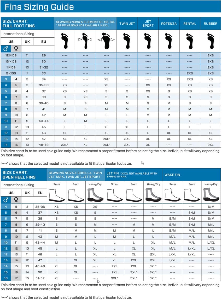Scuba Pro Fins Size Chart